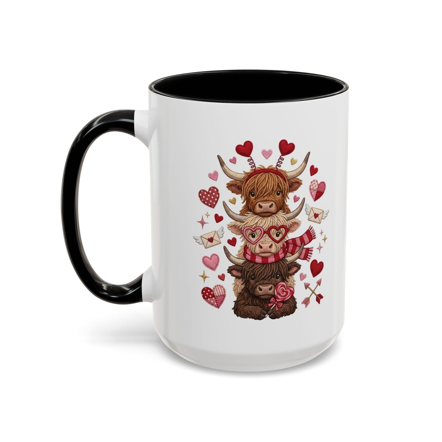 Valentine Highland Cow Stack Accent Mug – Cute Hearts & Love Letters (11/15oz)