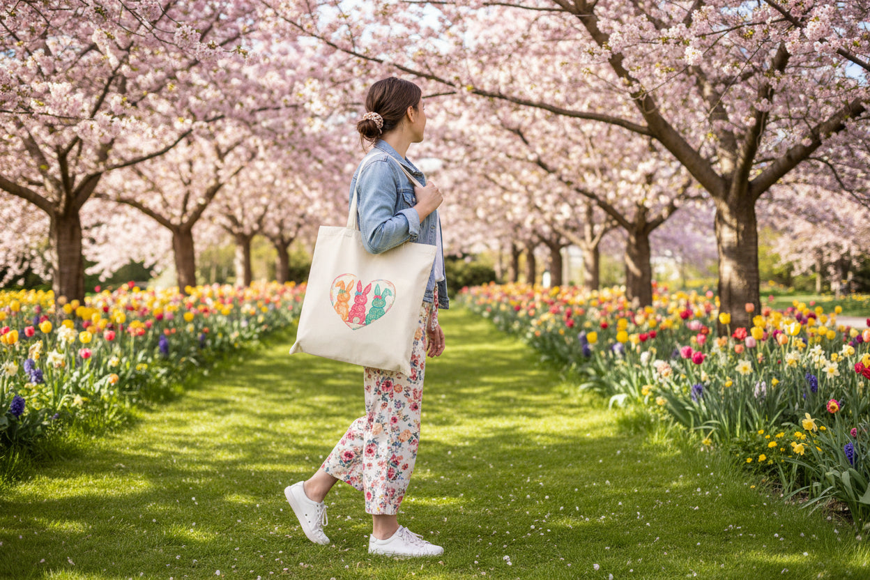 Tote — Watercolor Bunny Trio Heart Canvas Tote (Easter Spring Gift)
