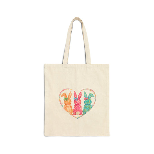 Tote — Watercolor Bunny Trio Heart Canvas Tote (Easter Spring Gift)
