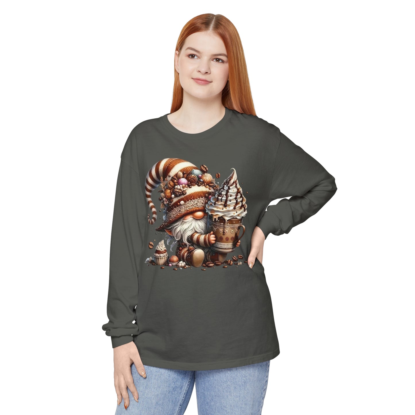 Gnome with Hot Chocolate Unisex Garment-dyed Long Sleeve T-Shirt