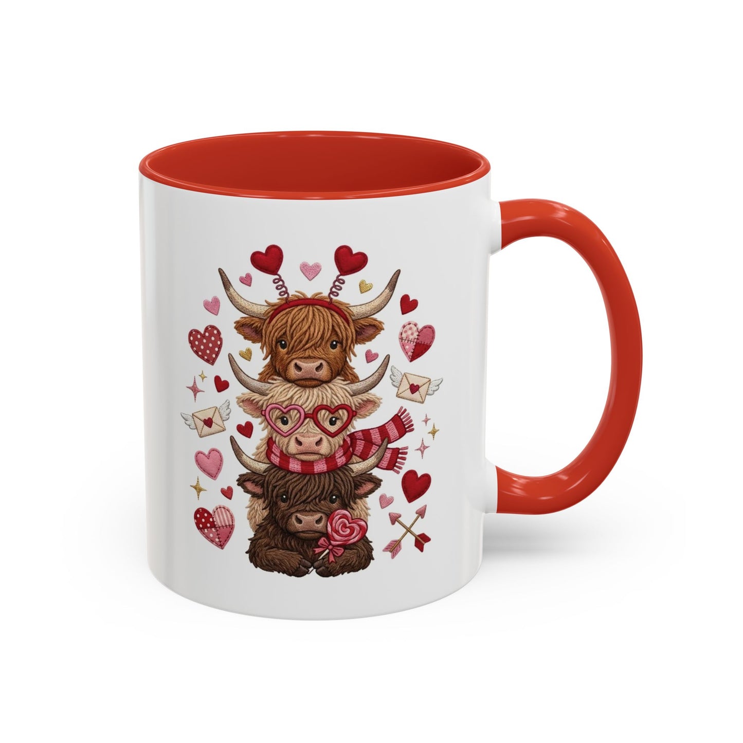 Valentine Highland Cow Stack Accent Mug – Cute Hearts & Love Letters (11/15oz)
