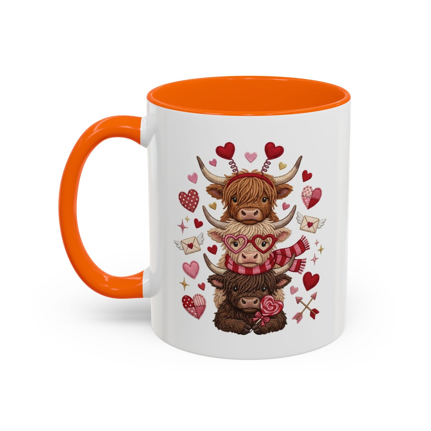 Valentine Highland Cow Stack Accent Mug – Cute Hearts & Love Letters (11/15oz)