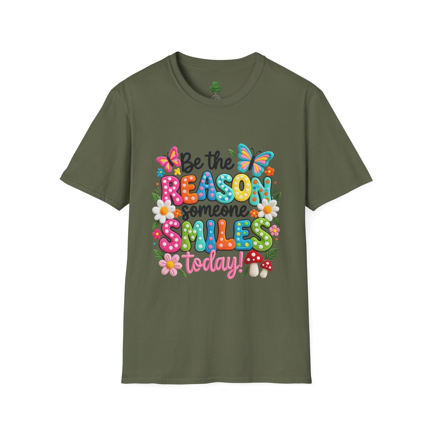 Be the Reason Someone Smiles Today T-Shirt — Colorful Butterfly & Floral Positive Quote Tee