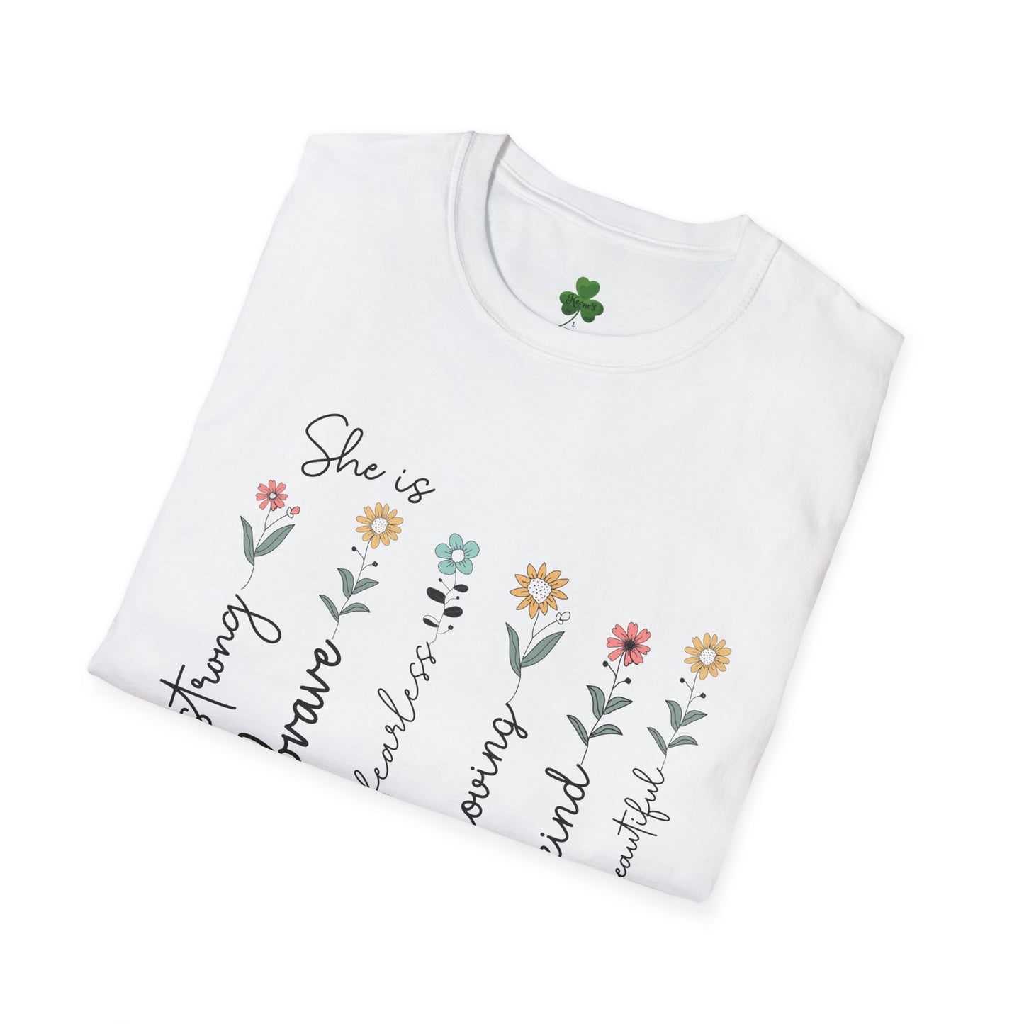 She is funny brave caring beautiful kind loving mom T-Shirt — Floral Mother’s Day Tee