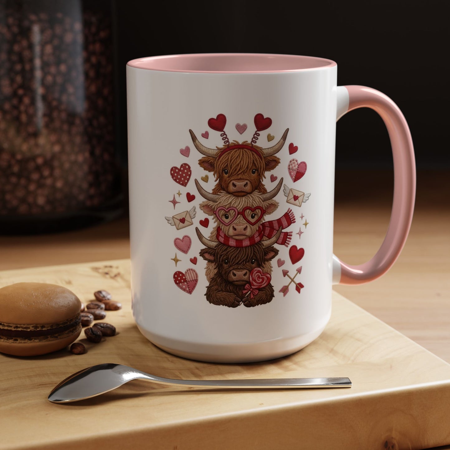 Valentine Highland Cow Stack Accent Mug – Cute Hearts & Love Letters (11/15oz)