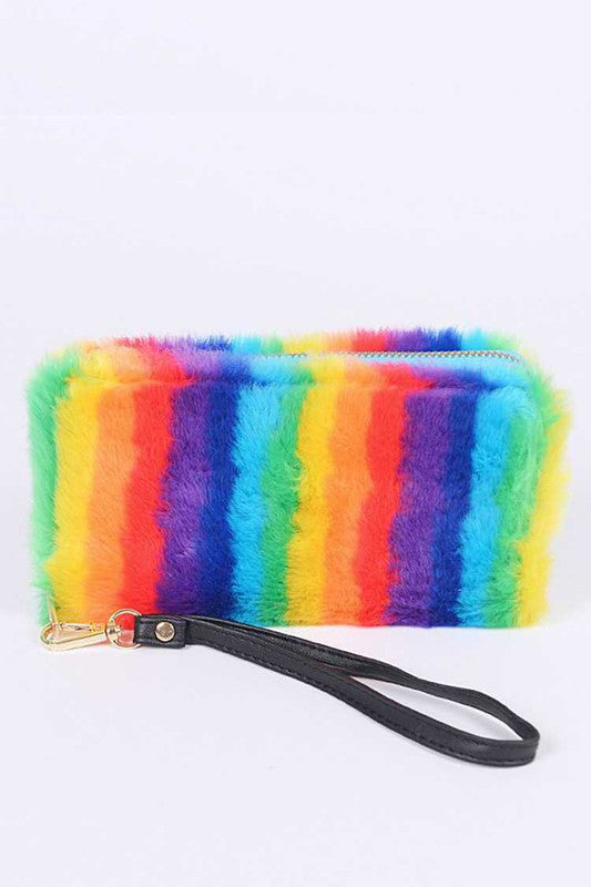 Pride Rainbow Faux Fur Wristlet Wallet