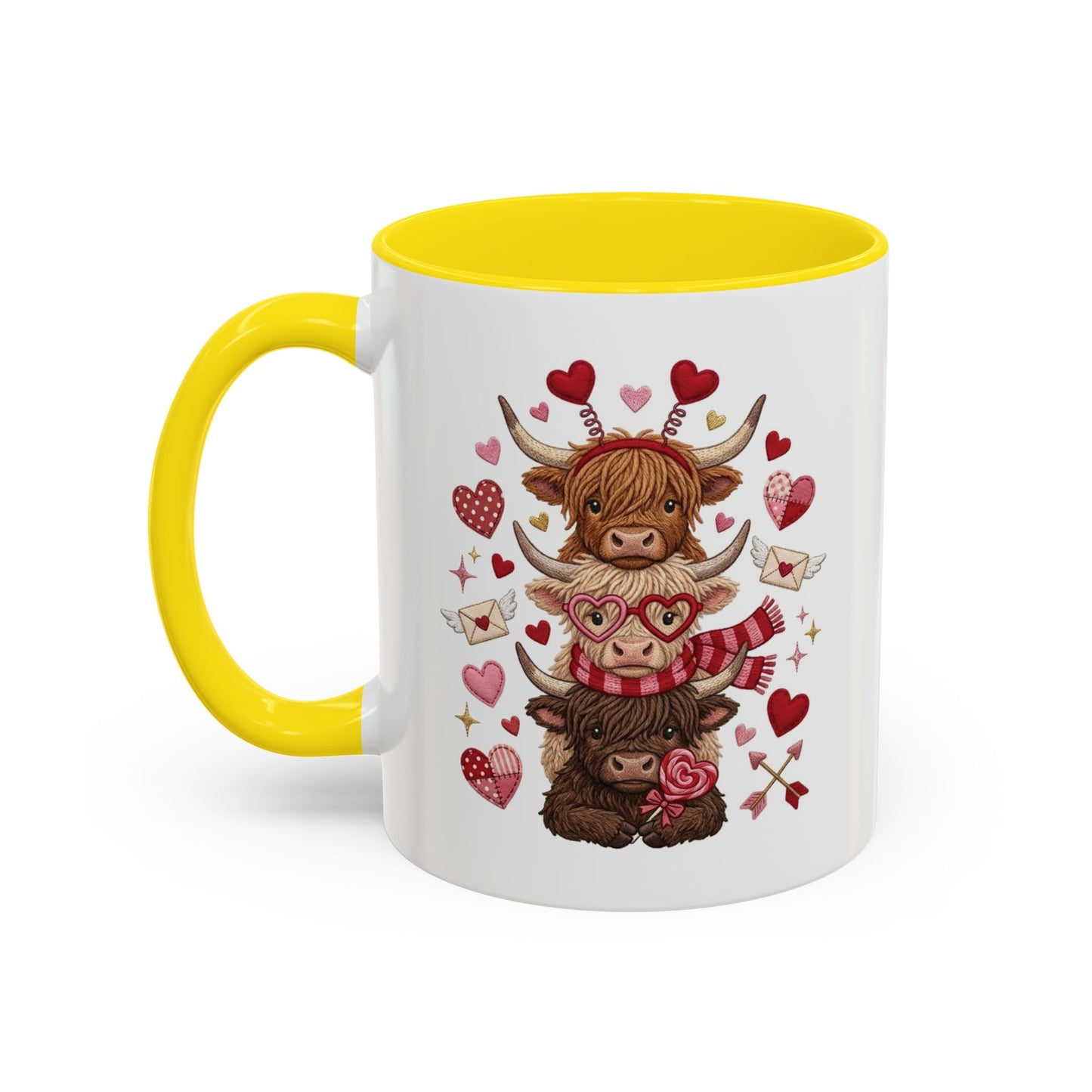 Valentine Highland Cow Stack Accent Mug – Cute Hearts & Love Letters (11/15oz)