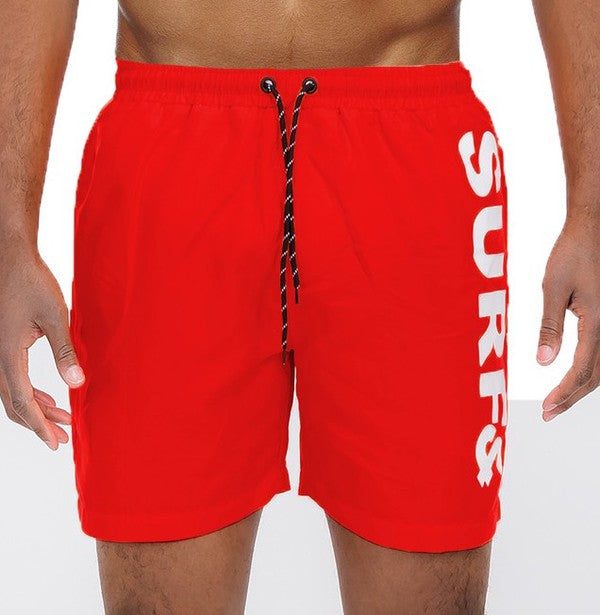Solid Lined Beach Swim Text Swim Shorts