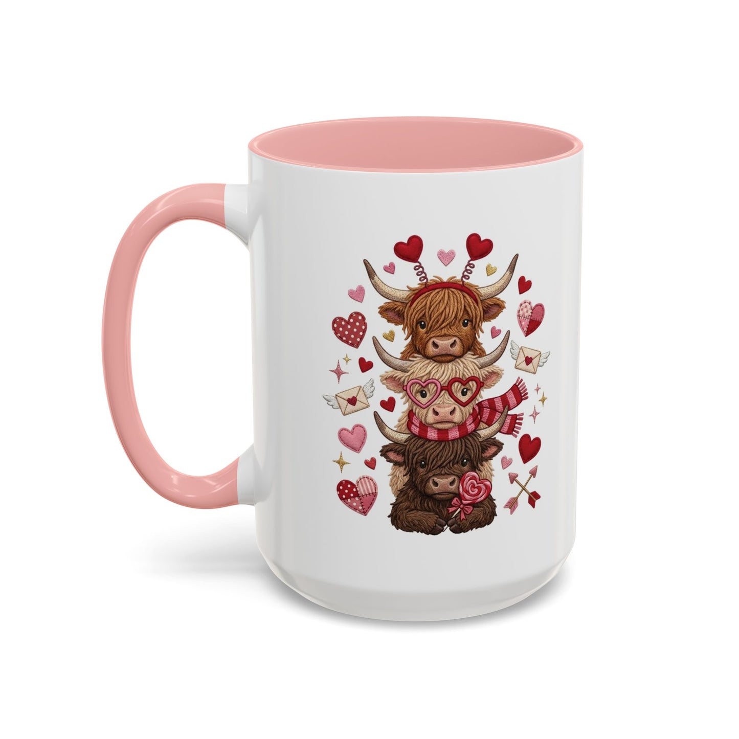Valentine Highland Cow Stack Accent Mug – Cute Hearts & Love Letters (11/15oz)