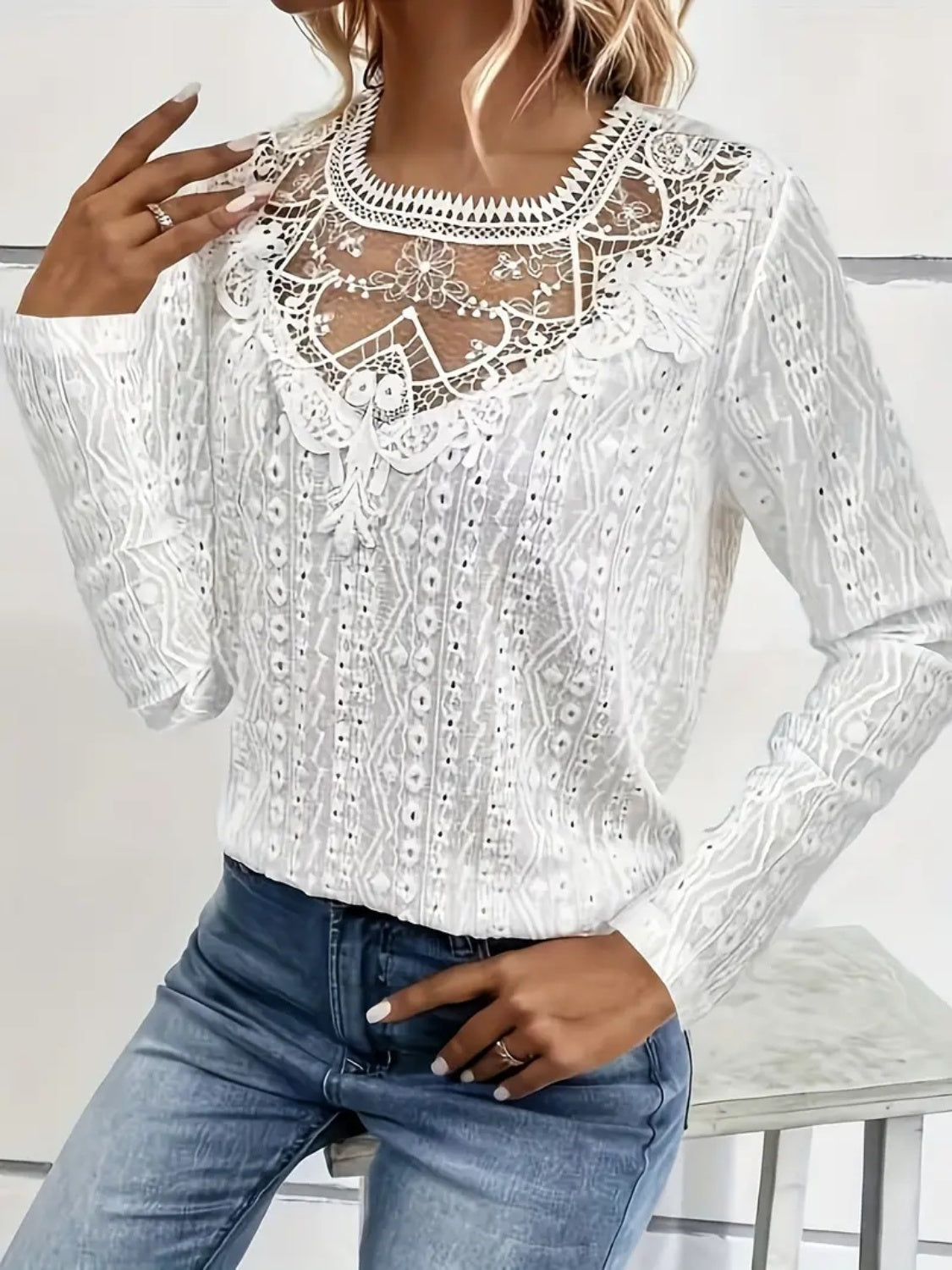 Lace Eyelet Long Sleeve Top