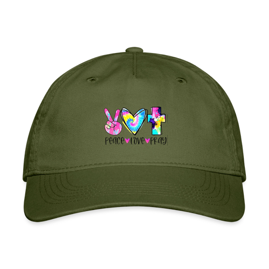 Peace Love Pray Organic Baseball Cap - olive green