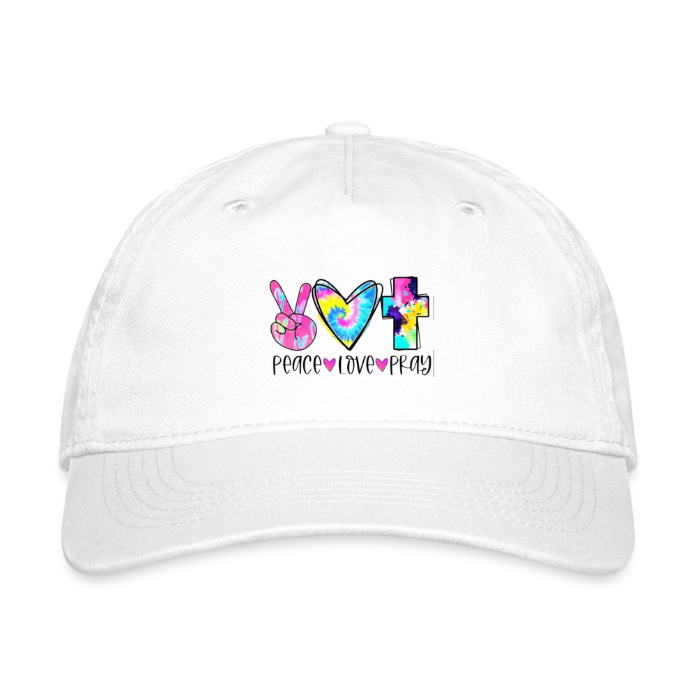 Peace Love Pray Organic Baseball Cap - white