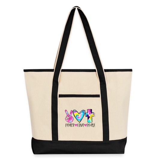 Peace Love Pray Large Canvas Deluxe Tote - Natural/Black