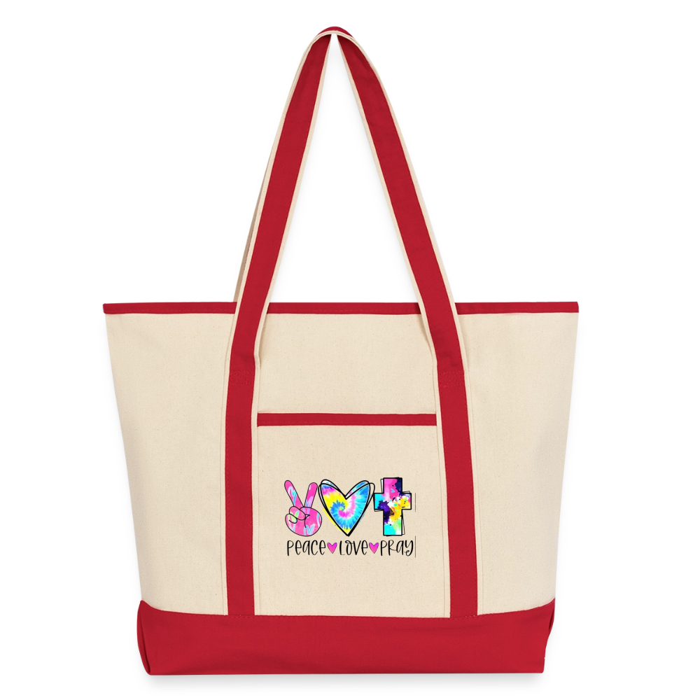 Peace Love Pray Large Canvas Deluxe Tote - Natural/Classic Red