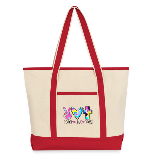Peace Love Pray Large Canvas Deluxe Tote - Natural/Classic Red
