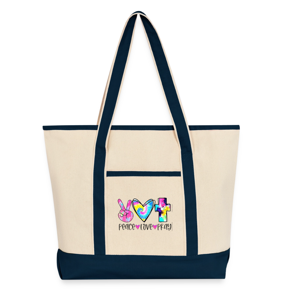 Peace Love Pray Large Canvas Deluxe Tote - Natural/French Navy