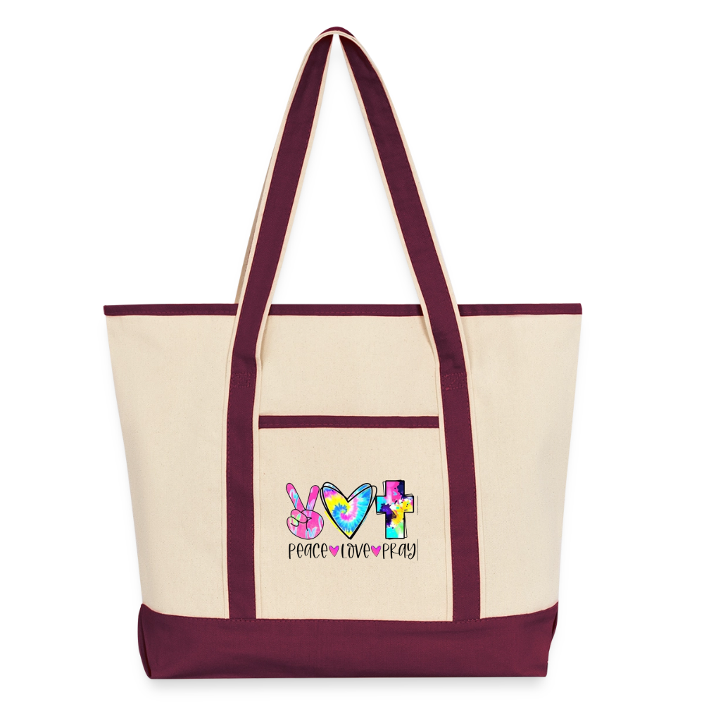 Peace Love Pray Large Canvas Deluxe Tote - natural/maroon