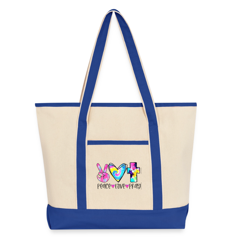Peace Love Pray Large Canvas Deluxe Tote - natural/royal