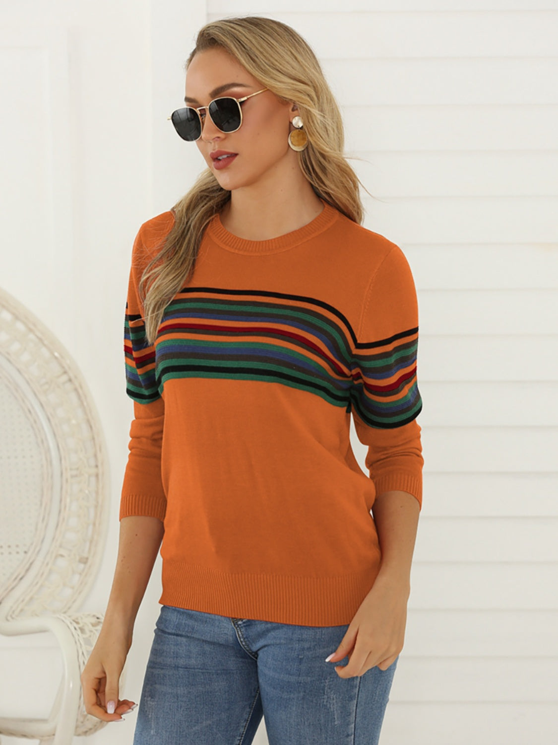 Shiny Striped Round Neck Long Sleeve Sweater