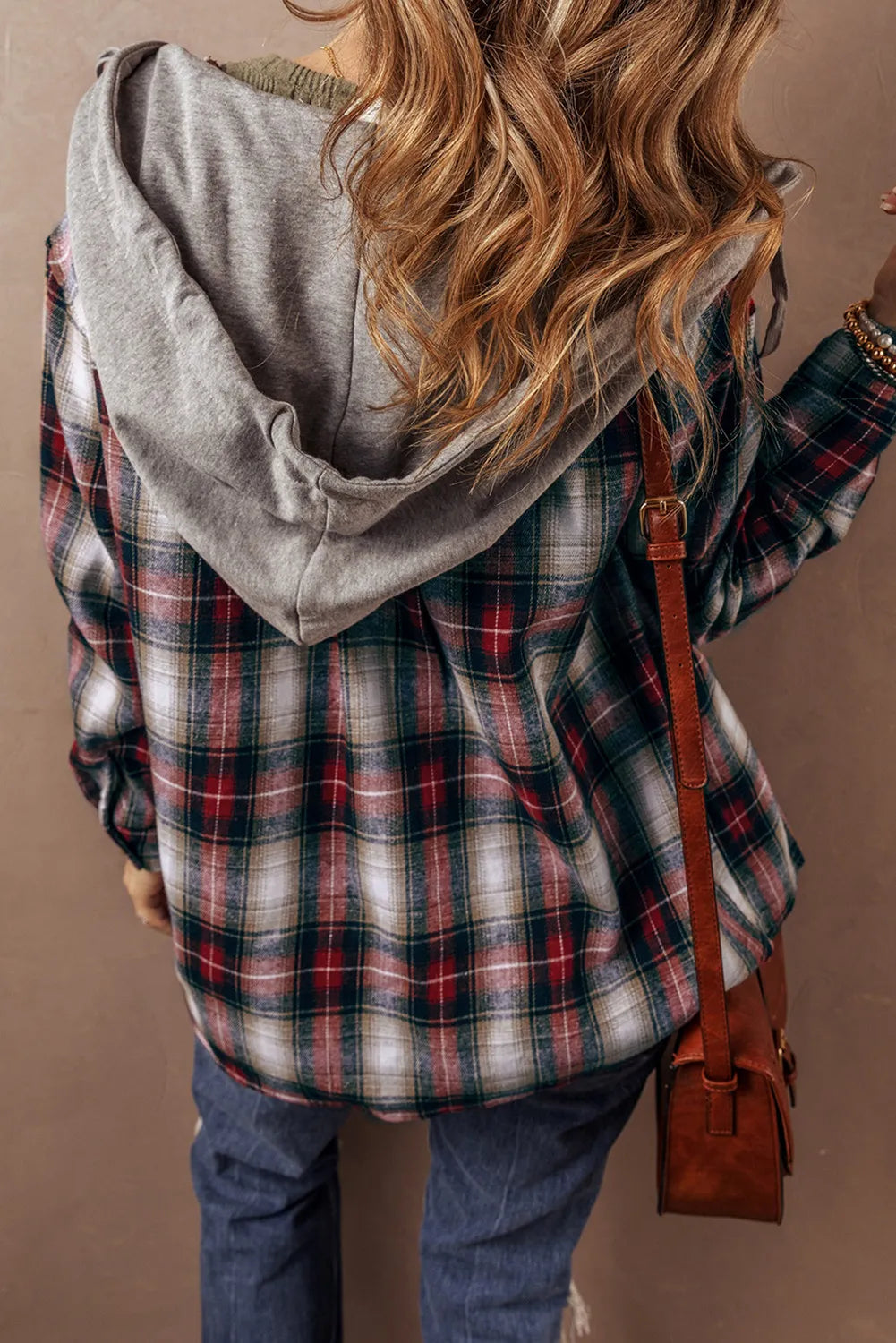 Drawstring Plaid Button Up Hooded Shacket