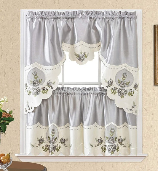 Grey Rose Embroidery Kitchen Curtain 3PC Set