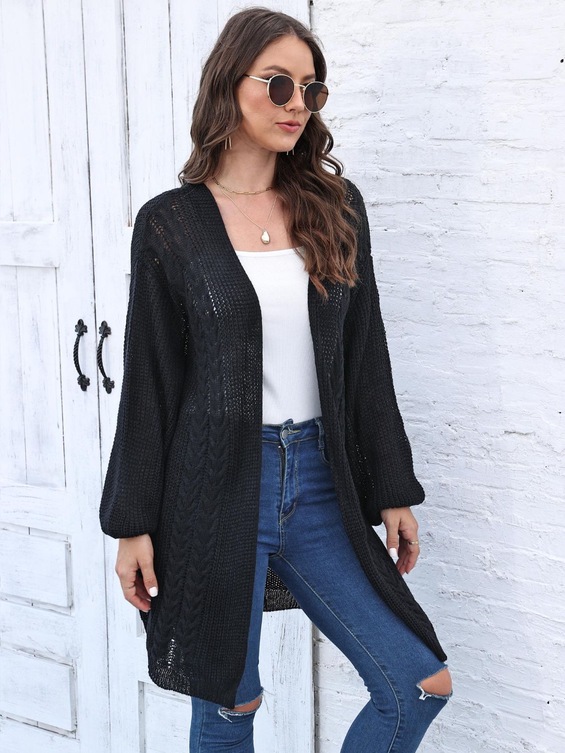 Cable-Knit Open Front Long Sleeve Cardigan