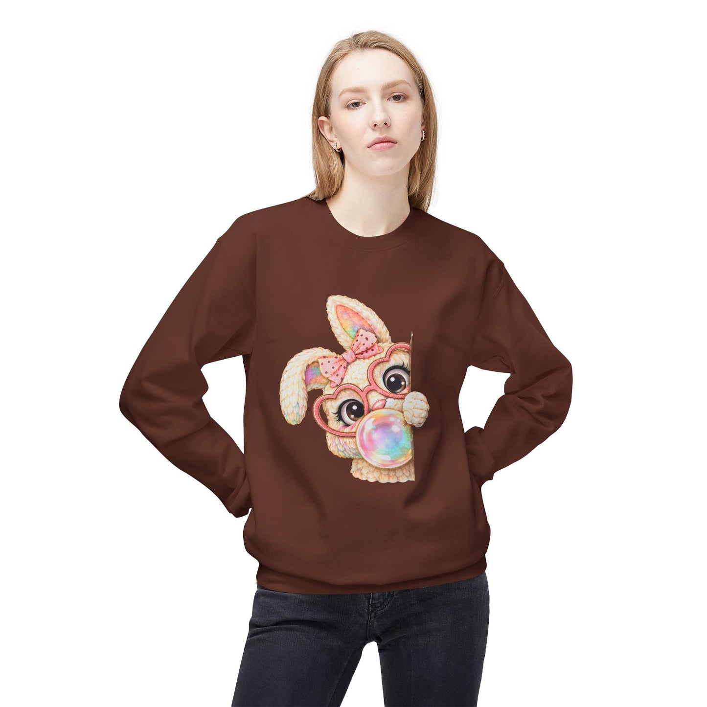 Cute Bunny Peeking Crewneck Sweatshirt – Bubblegum Blowing Cartoon Rabbit