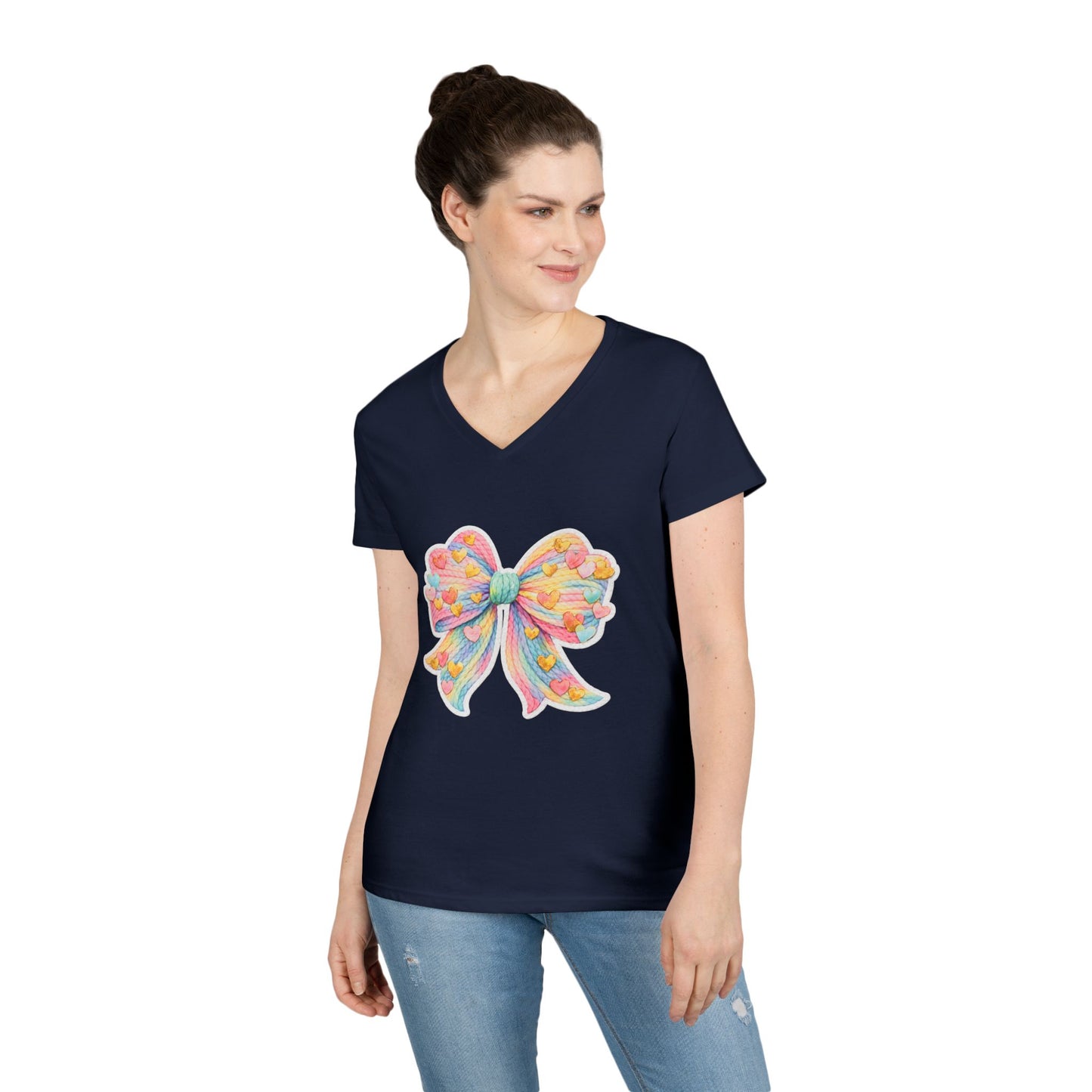 Pastel Heart Bow V-Neck Tee