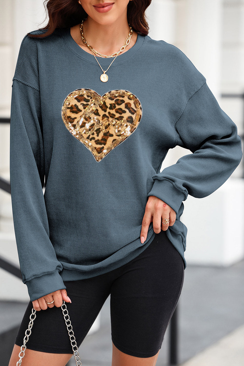 Heart Leopard Sequin Round Neck Sweatshirt