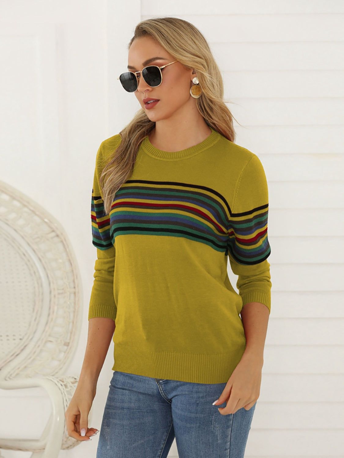 Shiny Striped Round Neck Long Sleeve Sweater