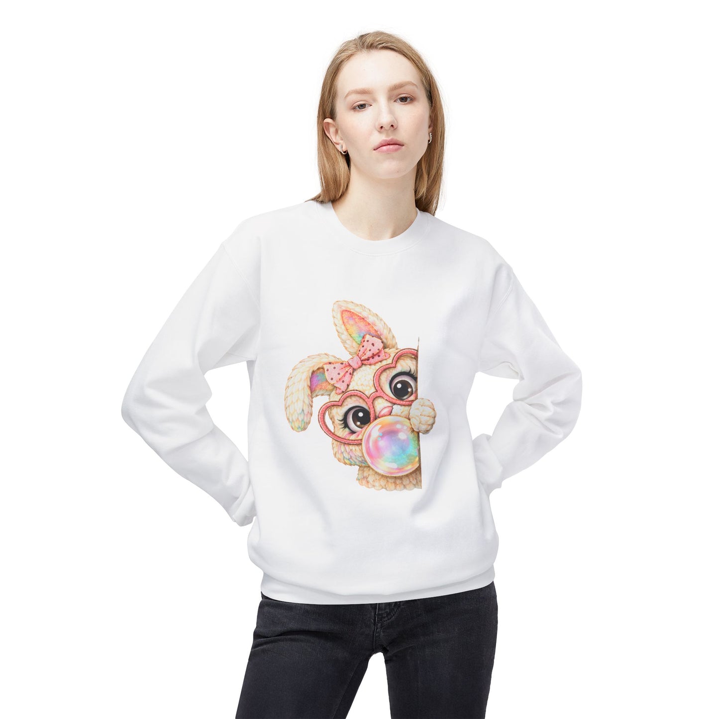 Cute Bunny Peeking Crewneck Sweatshirt – Bubblegum Blowing Cartoon Rabbit