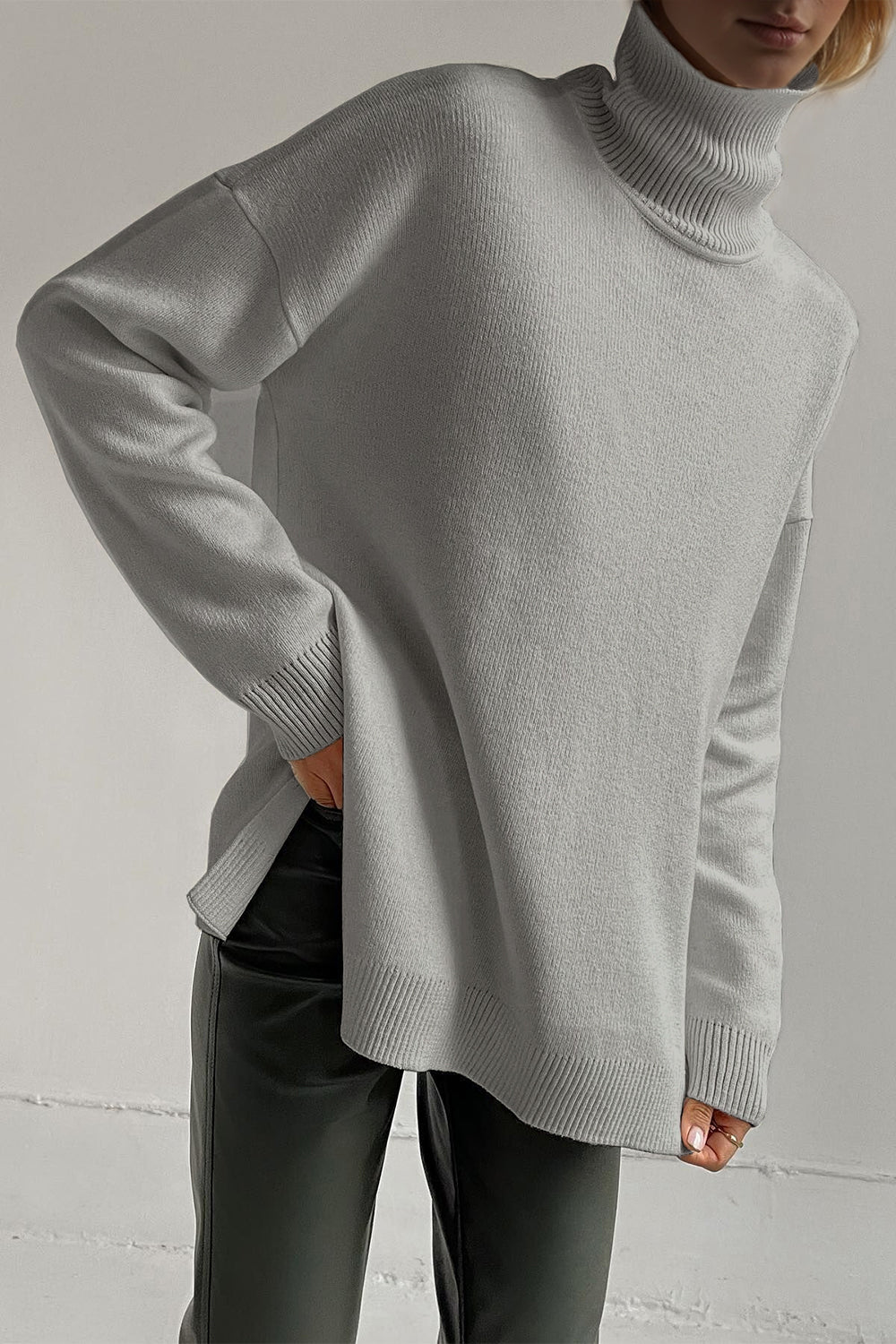 Basic Bae Side Slit Turtleneck Dropped Shoulder Sweater