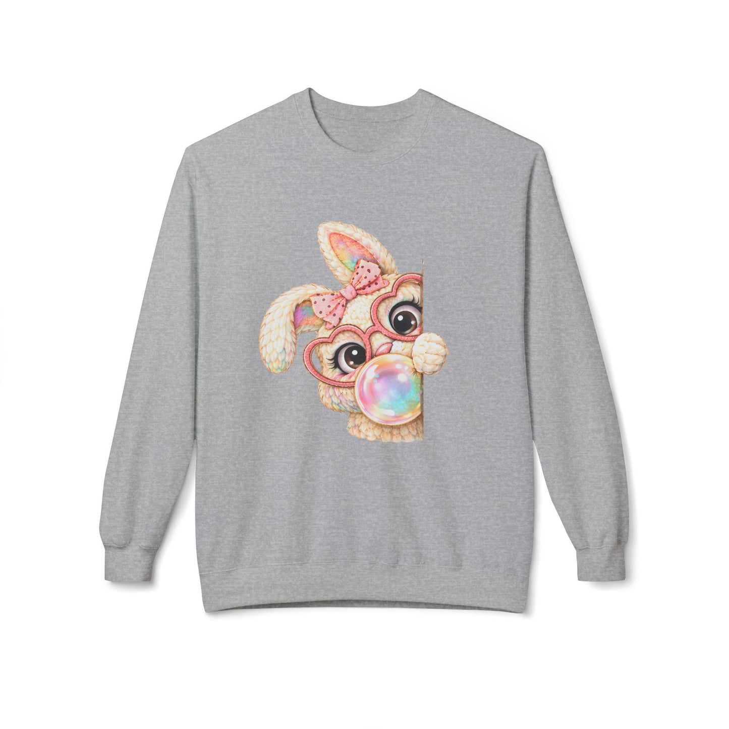 Cute Bunny Peeking Crewneck Sweatshirt – Bubblegum Blowing Cartoon Rabbit