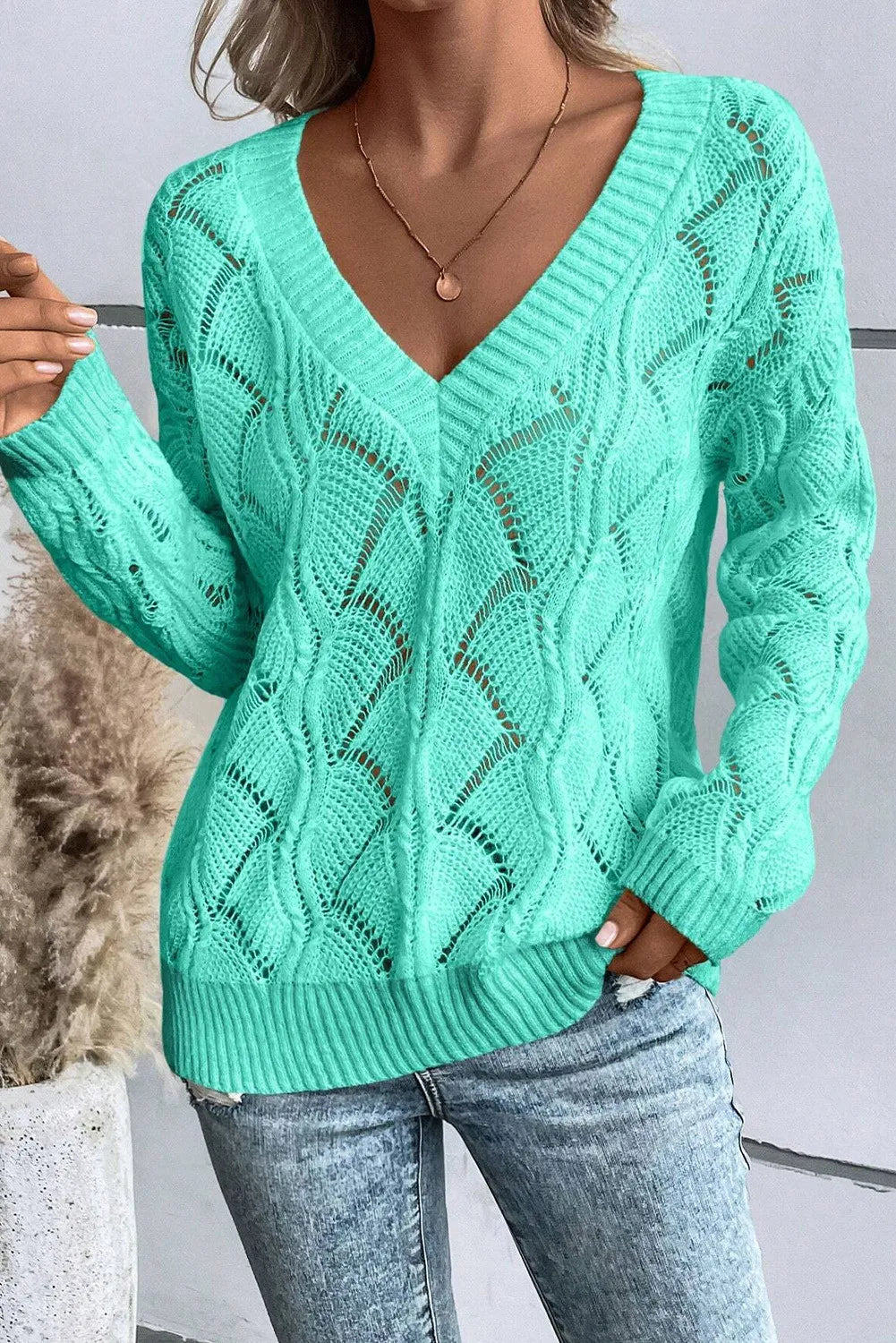 Openwork V-Neck Long Sleeve Sweater