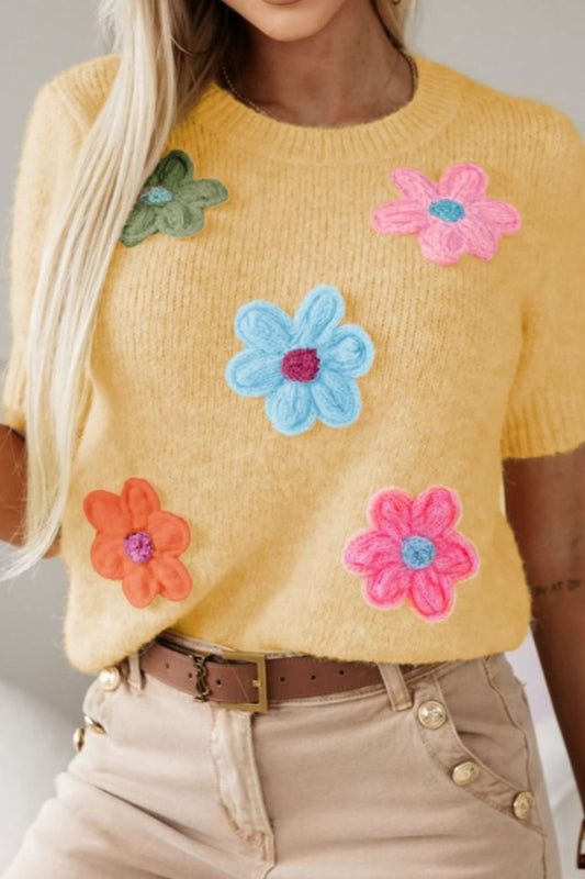 Flower Round Neck Short Sleeve Sweater