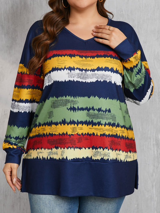 Plus Size Color Block V-Neck Long Sleeve T-Shirt