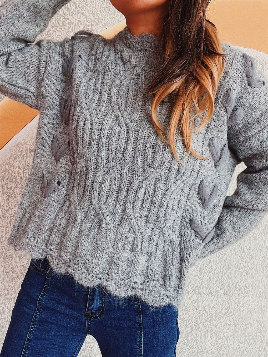 Scalloped Hem Dropped Shoulder Long Sleeve Sweater