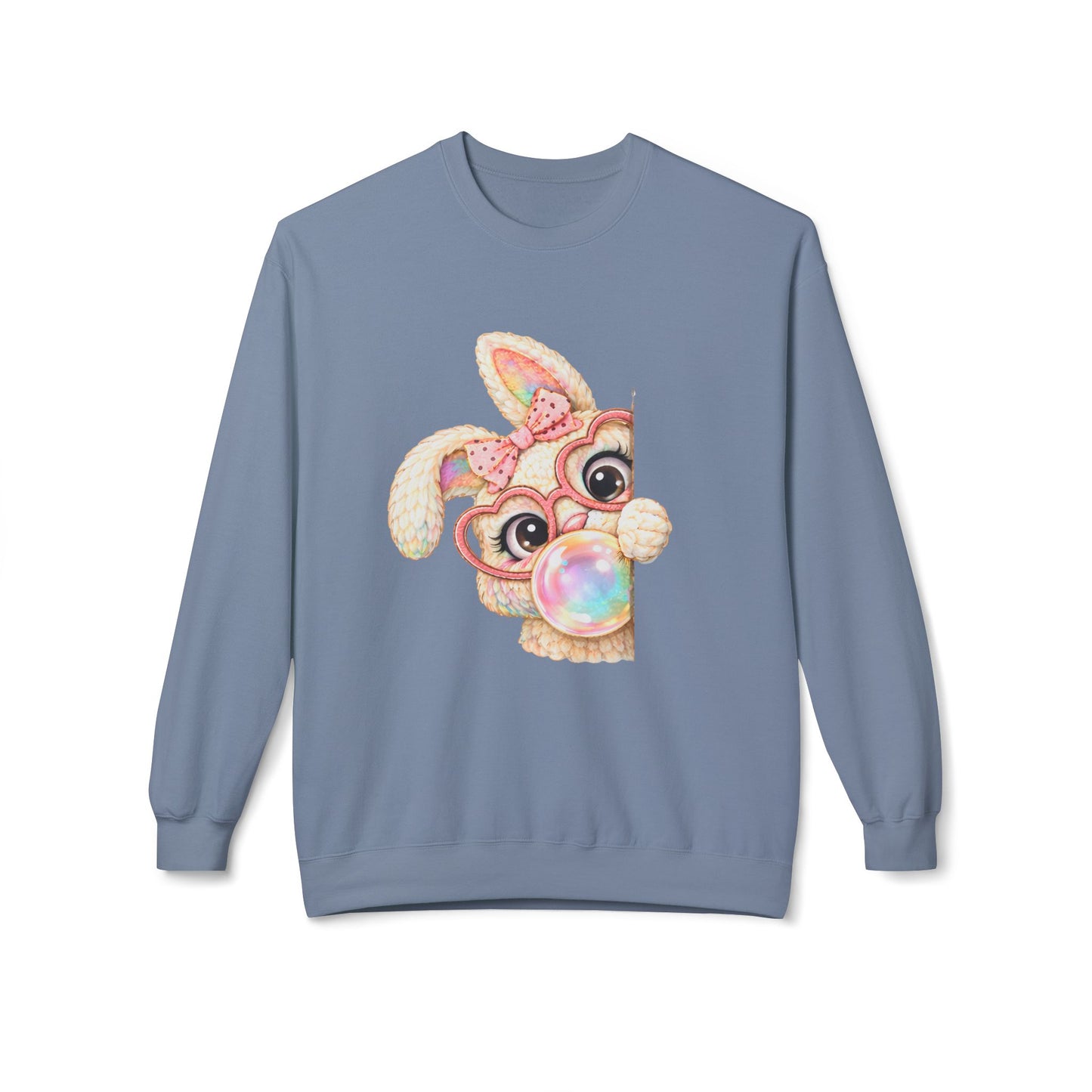 Cute Bunny Peeking Crewneck Sweatshirt – Bubblegum Blowing Cartoon Rabbit