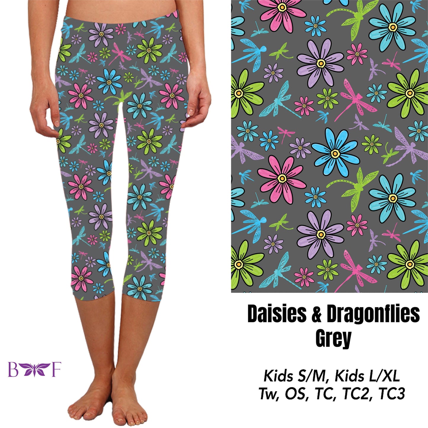 Daisies & Dragonflies Grey biker shorts with pockets