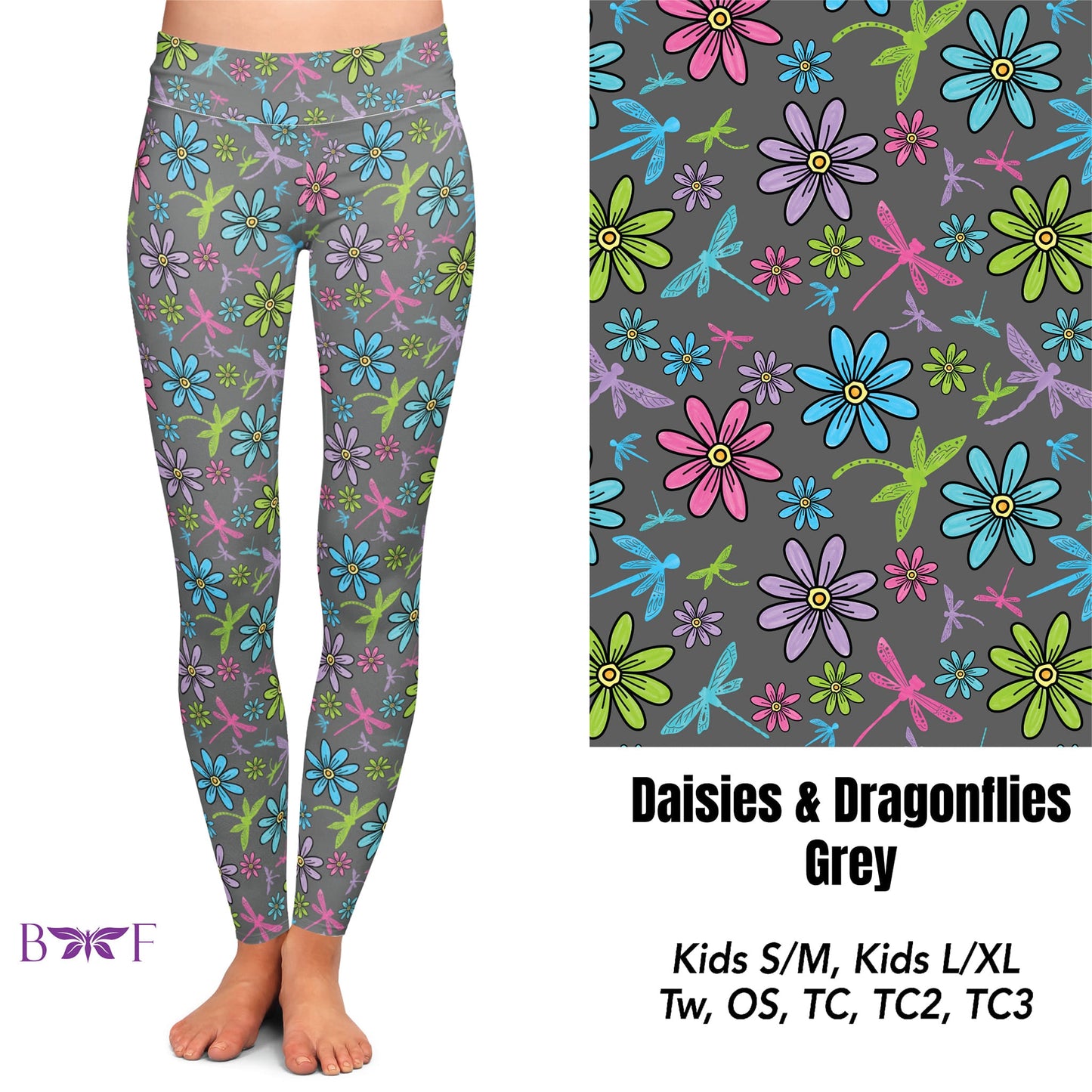 Daisies & Dragonflies Grey biker shorts with pockets