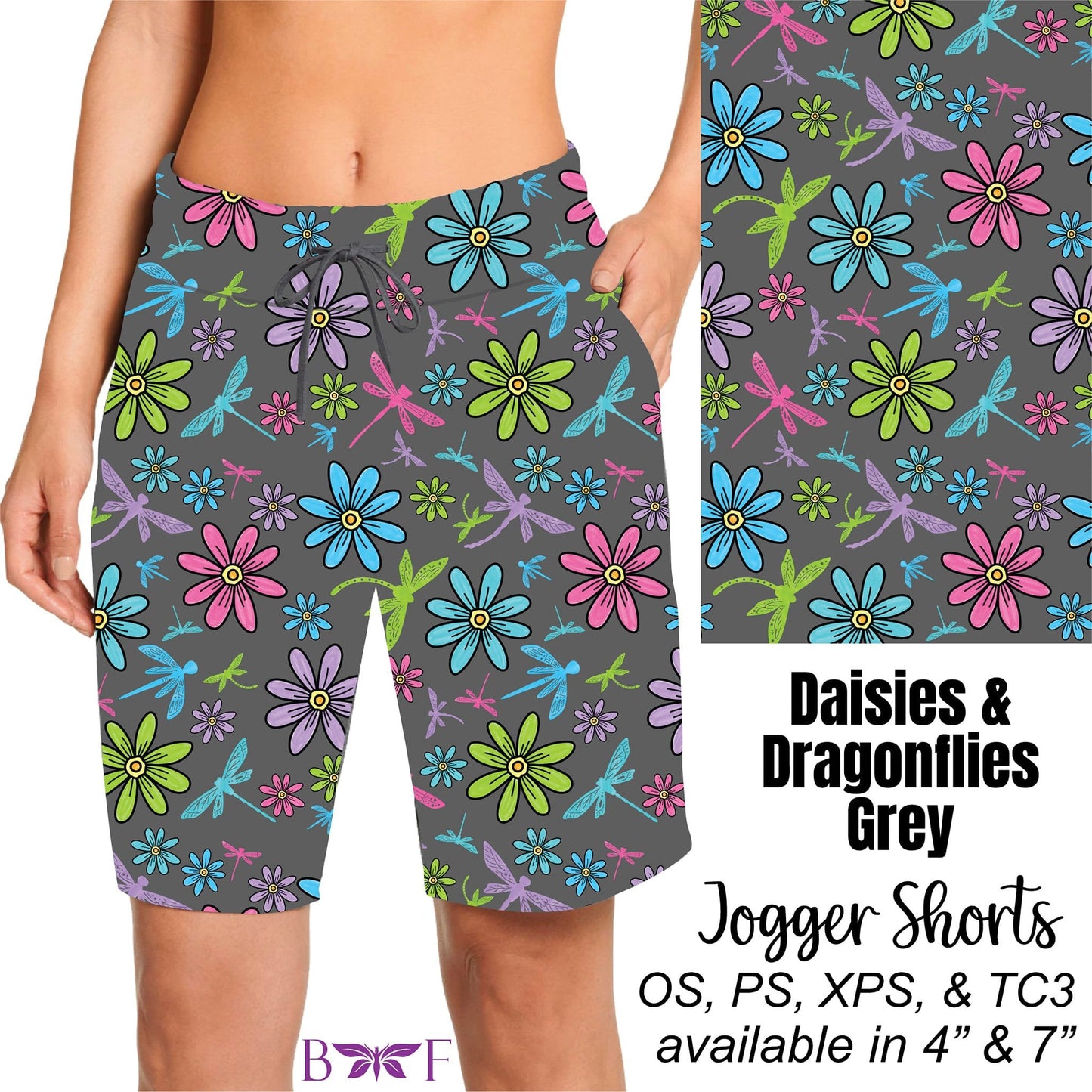 Daisies & Dragonflies Grey biker shorts with pockets