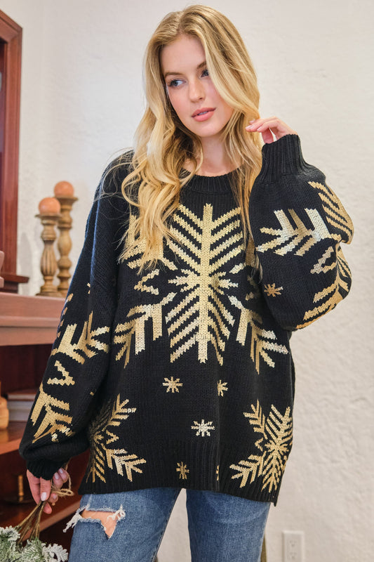 And The Why Foil Snowflake Round Neck Sweater