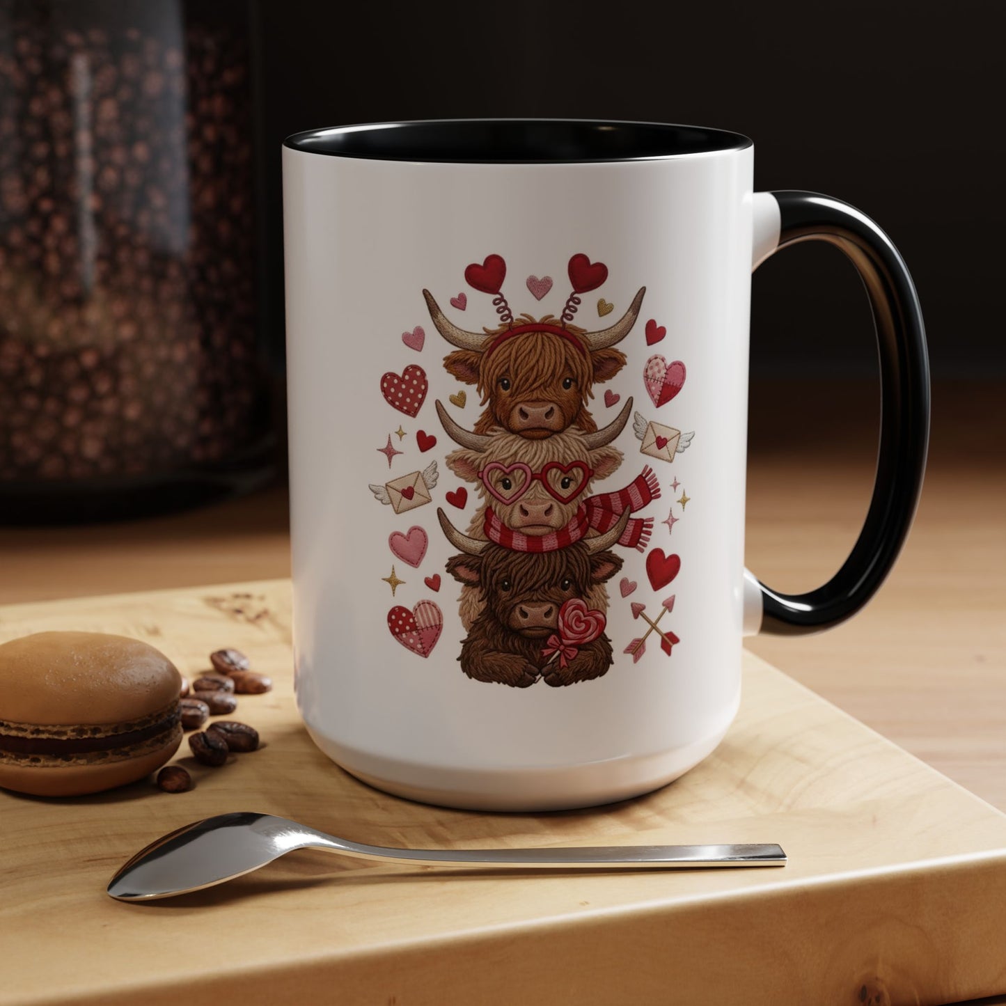 Valentine Highland Cow Stack Accent Mug – Cute Hearts & Love Letters (11/15oz)