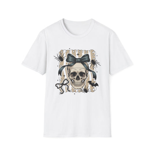 Gothic Halloween T-Shirt with Skull and Bow | Unisex Softstyle Apparel, Spooky Fashion, Halloween Party Outfit, Alternative Gift