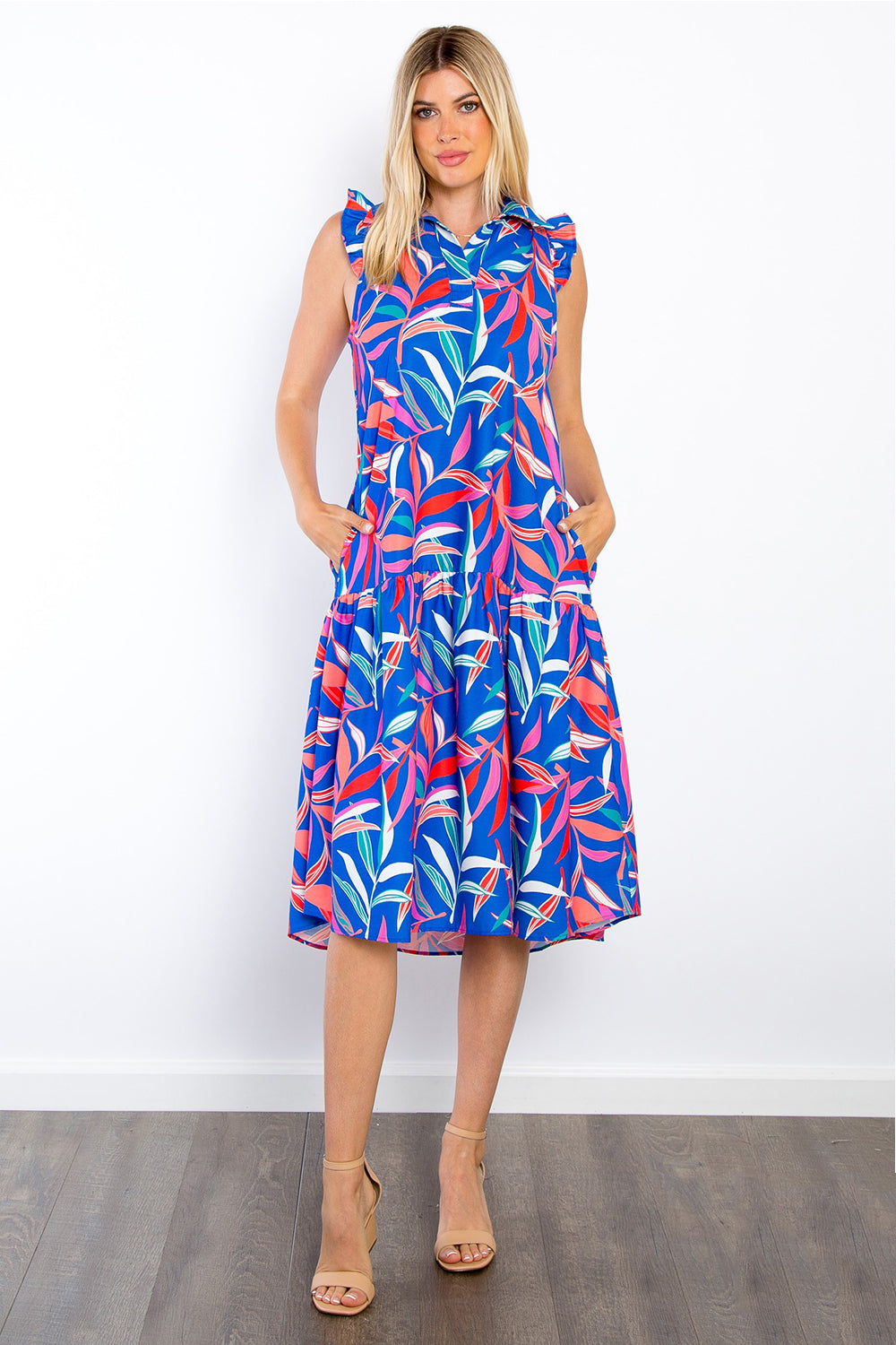 Be Stage Print Ruffled Midi Dress with Pockets