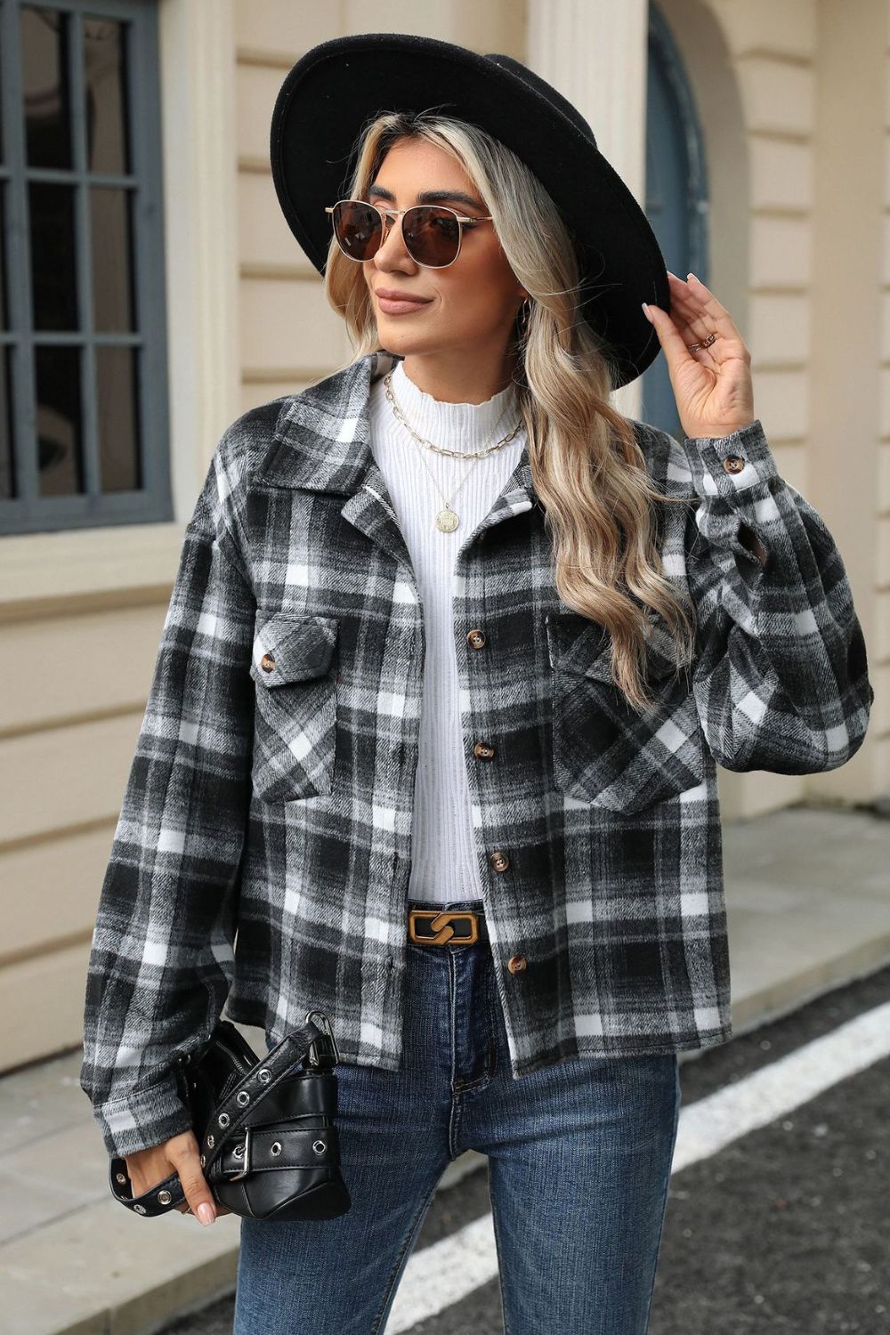 Pocketed Plaid Collared Neck Dropped Shoulder Jacket