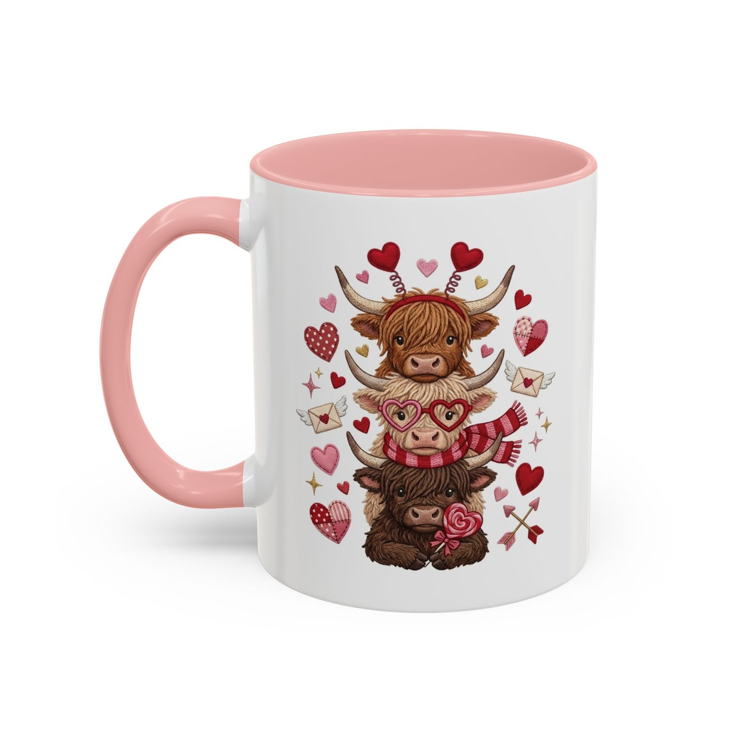 Valentine Highland Cow Stack Accent Mug – Cute Hearts & Love Letters (11/15oz)