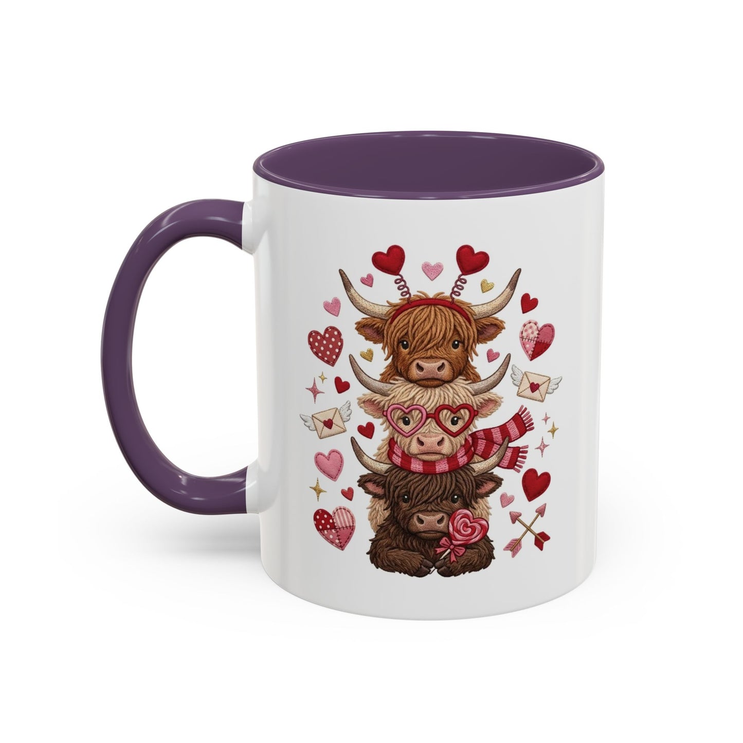 Valentine Highland Cow Stack Accent Mug – Cute Hearts & Love Letters (11/15oz)
