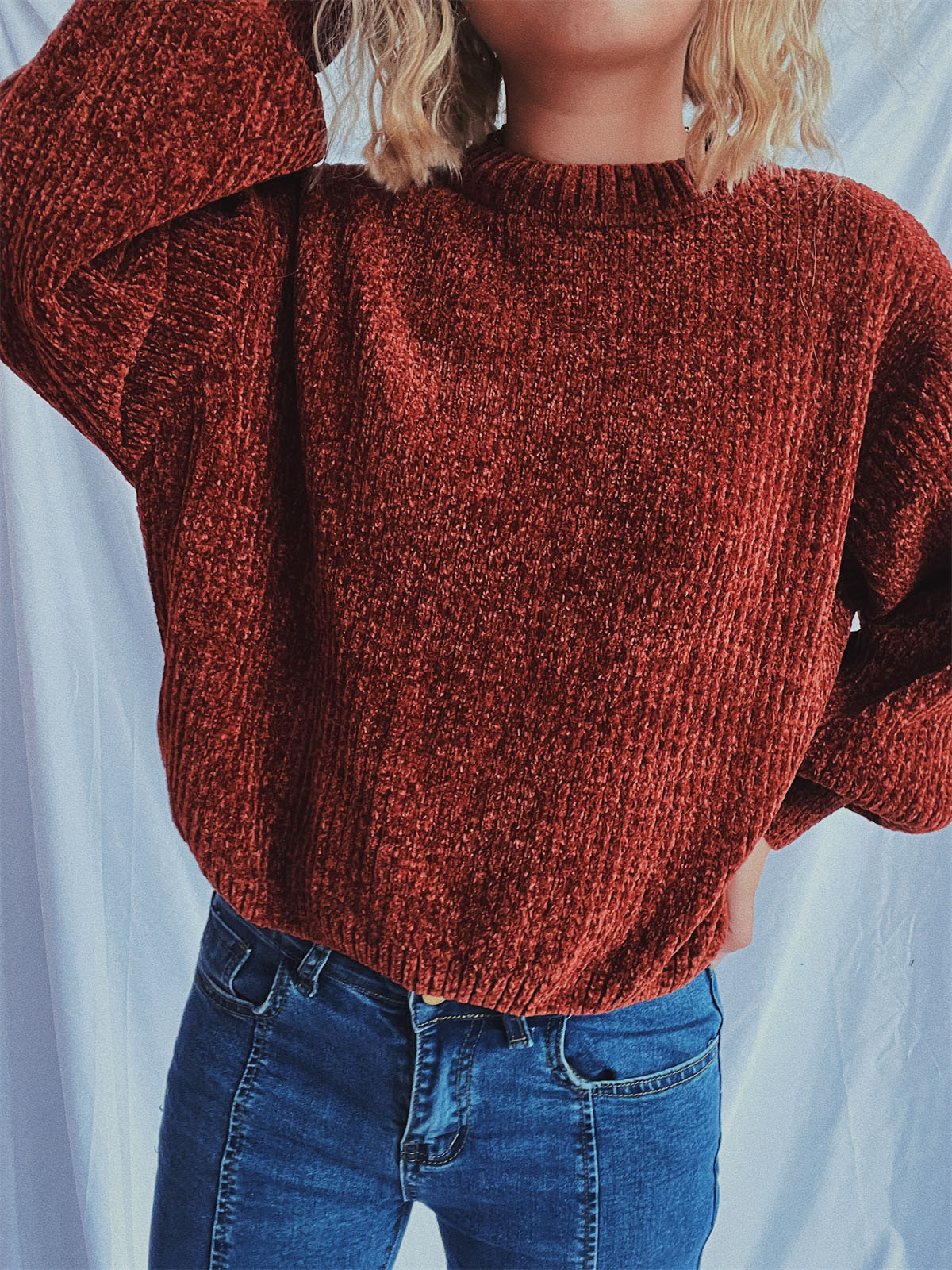 Round Neck Dropped Shoulder Long Sleeve Sweater