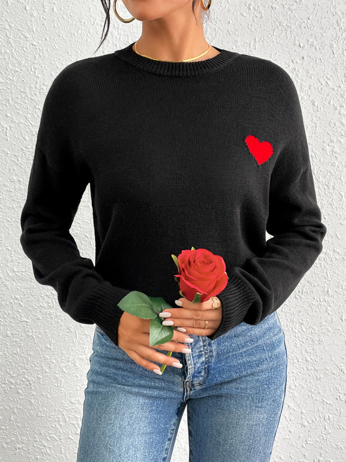 Heart Round Neck Long Sleeve Sweater